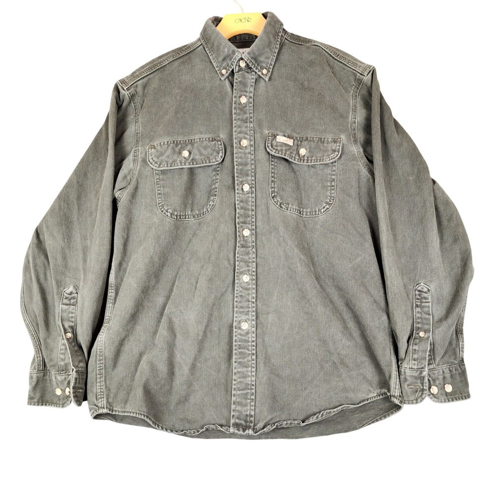 Carhartt Mens Long Sleeve Button Down Work Shirt Gray Olive Green‎ Cotton Size M